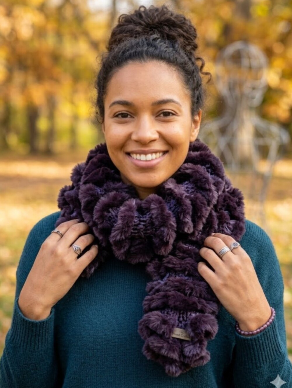 Handmade Faux Fur Ruffle Knit Scarf Plum Purple OS